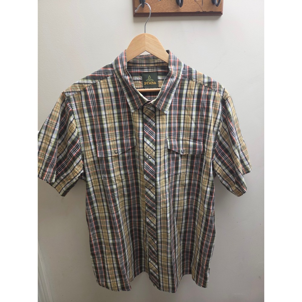 Prana Mens XL Plaid Snap Front‎ Western Shirt Organic Cotton Short Sleeve Green